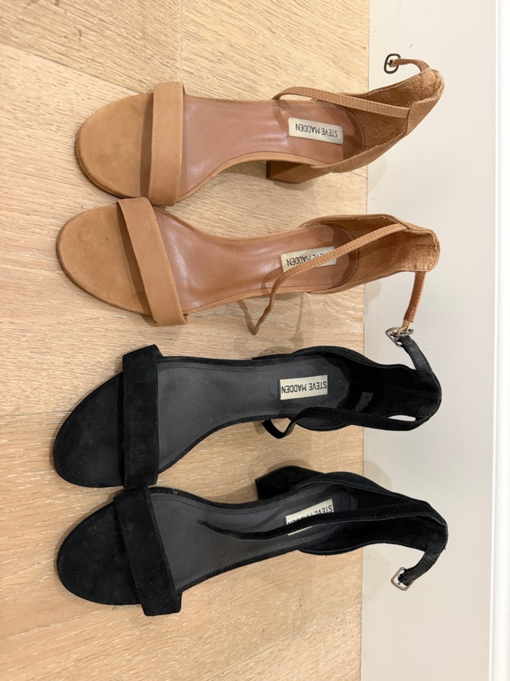 Steve Madden Two-Tone Ankle Strap Heels in Tan and Black